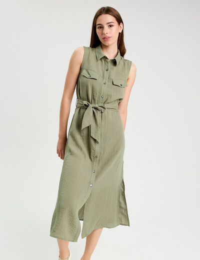 Robe longue évasée boutonnée vert kaki femme