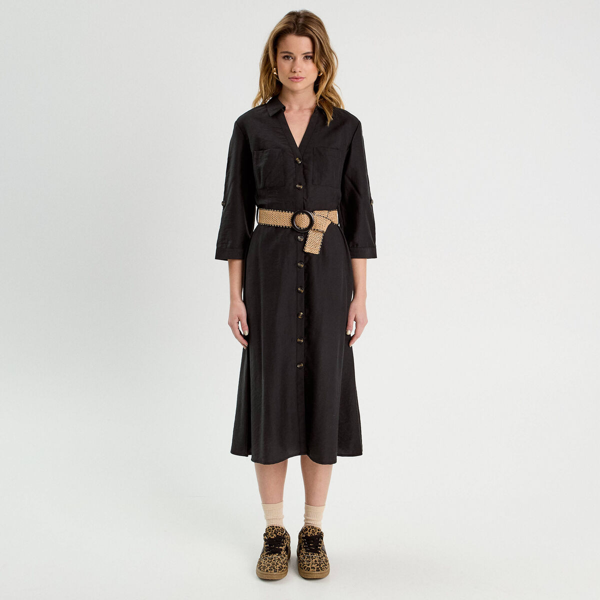 Robe longue évasée ceinturée noir femme