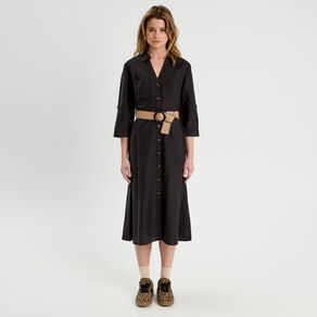 Robe longue évasée ceinturée noir femme
