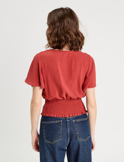 Blouse smockée manches courtes vieux rose femme