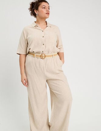Pantalon large ceinturé contenant du lin beige femme