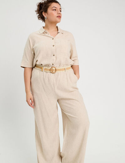 Pantalon large ceinturé contenant du lin beige femme