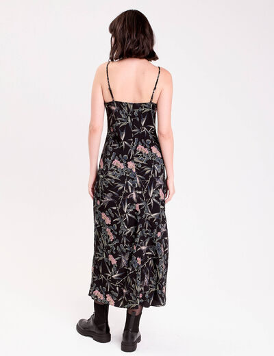Robe longue droite col v dentelle noir femme