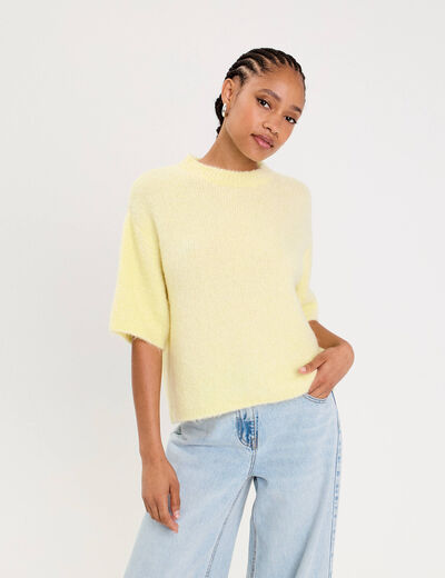 Pull manches courtes jaune clair femme