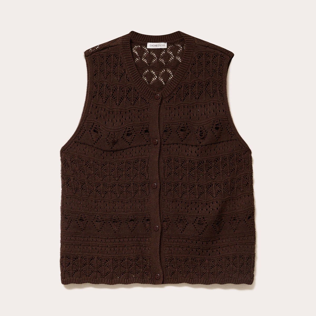 D&eacute;bardeur ajour&eacute; col rond marron fonc&eacute; femme