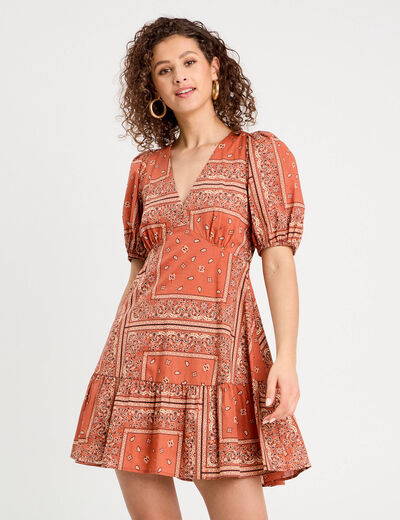 Robe évasée manches ballons terracotta femme