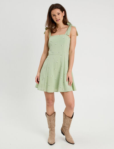 Robe chasuble trapèze brodée vert menthe femme