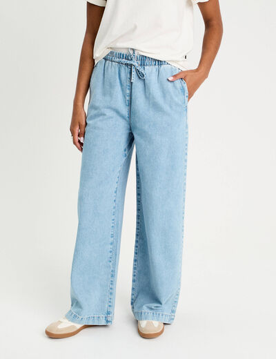 Jeans large taille élastiquée denim bleach femme