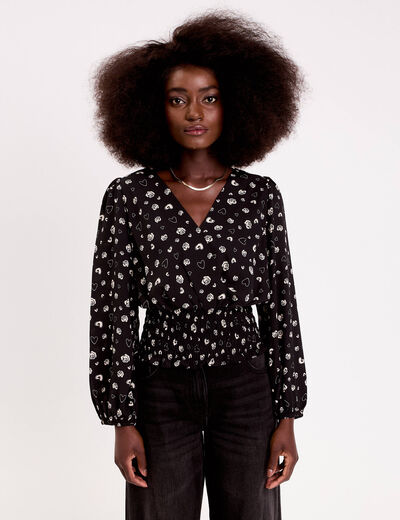 Blouse courte taille smock&eacute;e noir femme