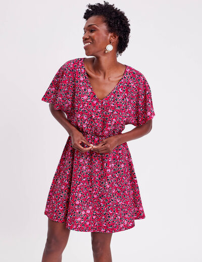 Robe évasée col en V rouge femme