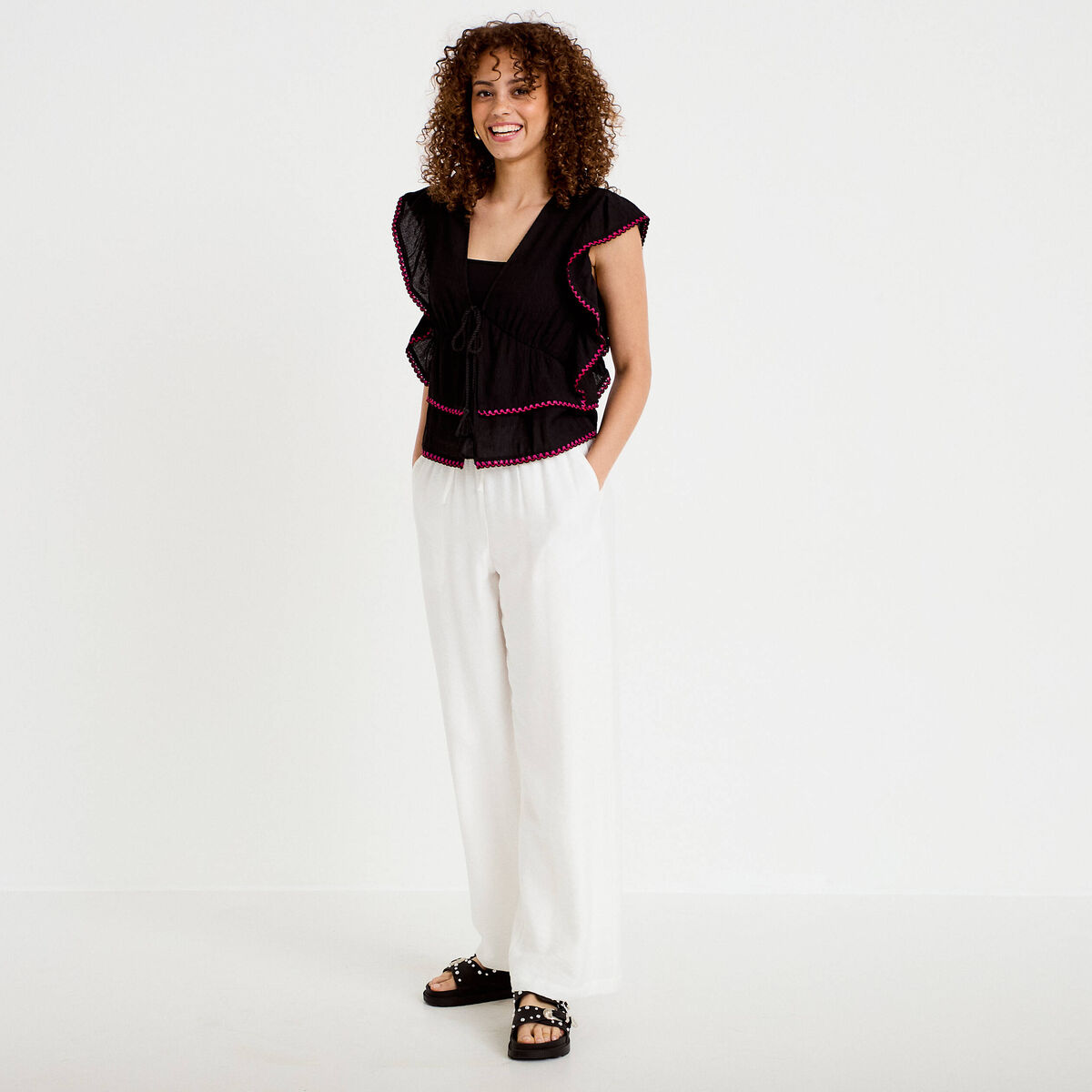 Pantalon large taille standard ecru femme
