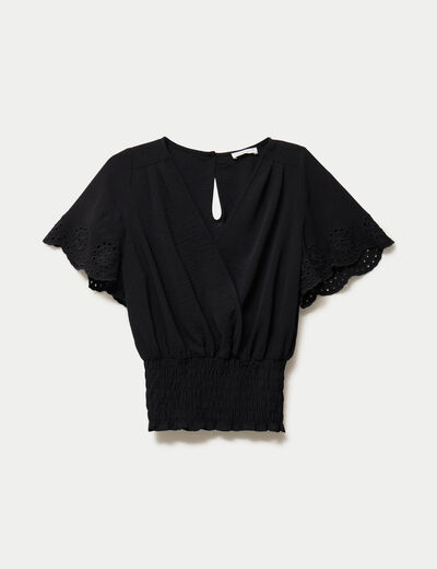Blouse cintr&eacute;e cropped manches courtes noir femme