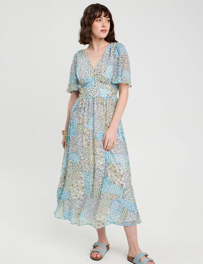Robe longue évasée col en V bleu femme