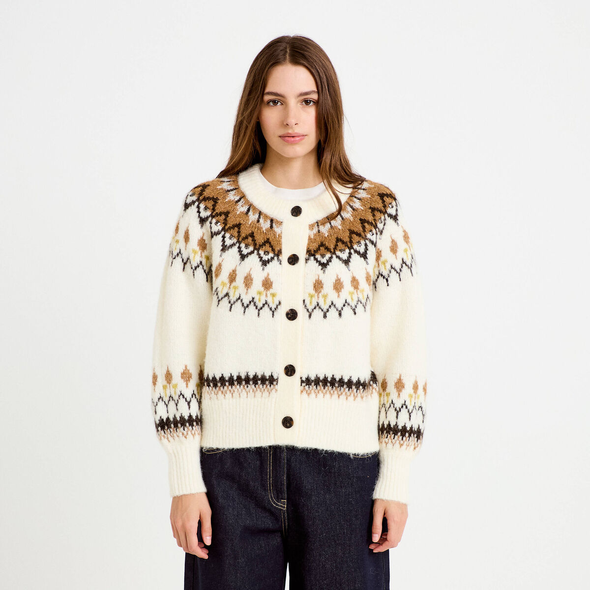 Gilet col rond manches longues ivoire femme