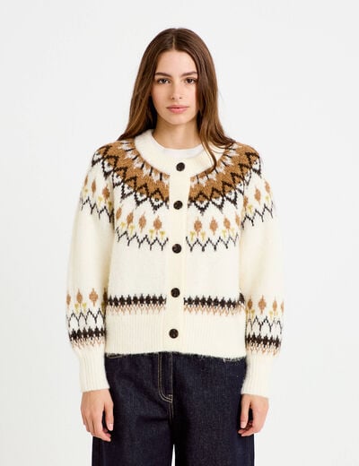 Gilet col rond manches longues ivoire femme