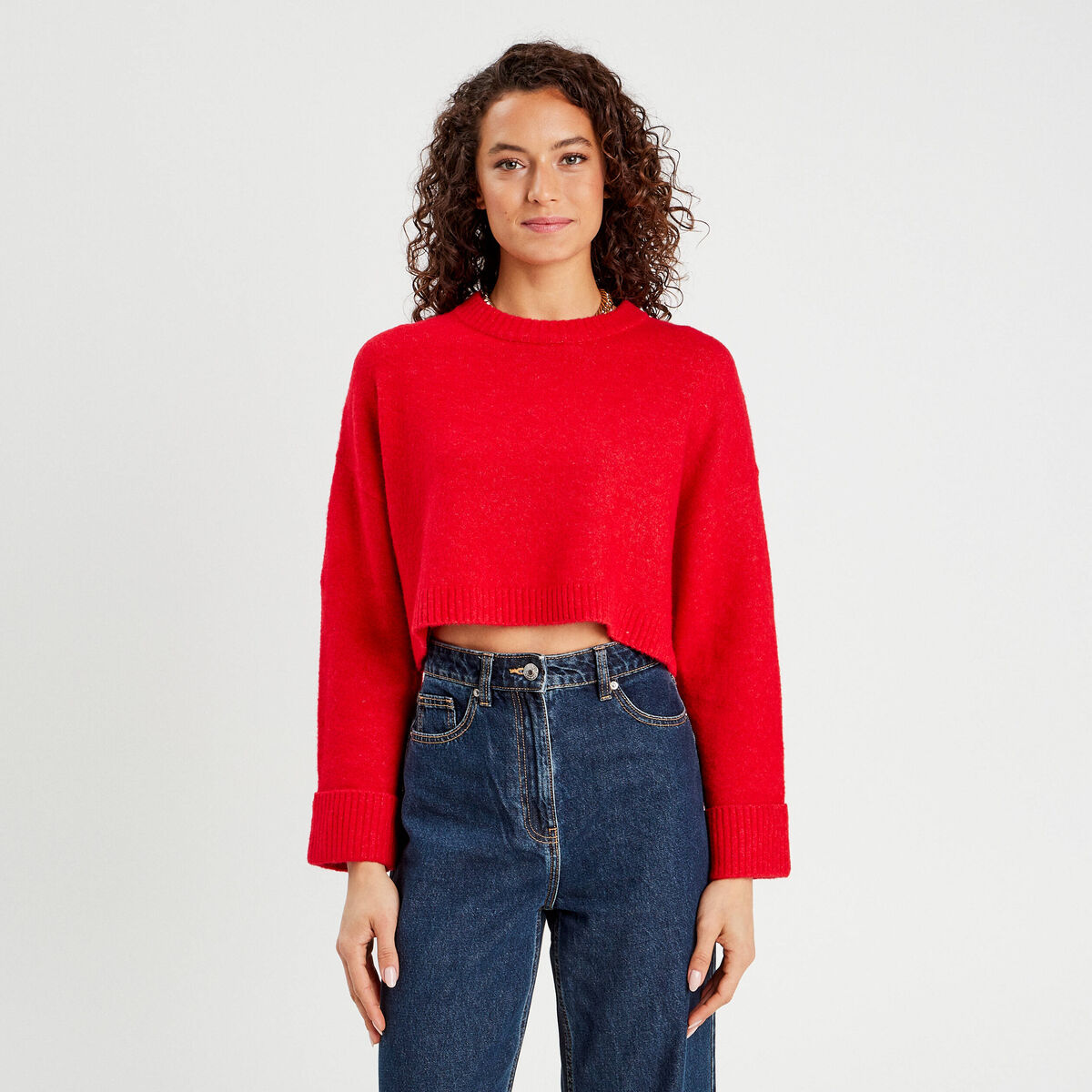 Pull cropped manches longues rouge femme
