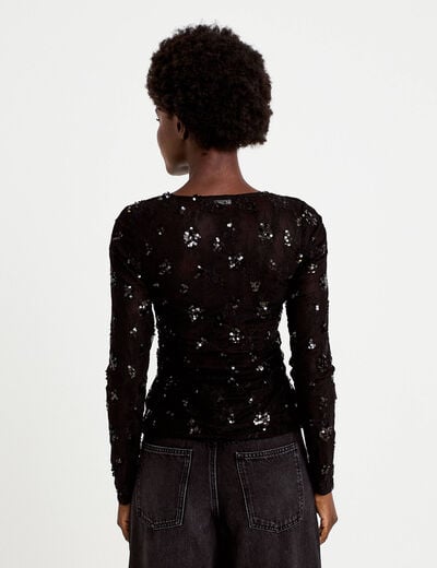 T-shirt ajust&eacute; col rond brod&eacute; perles noir femme
