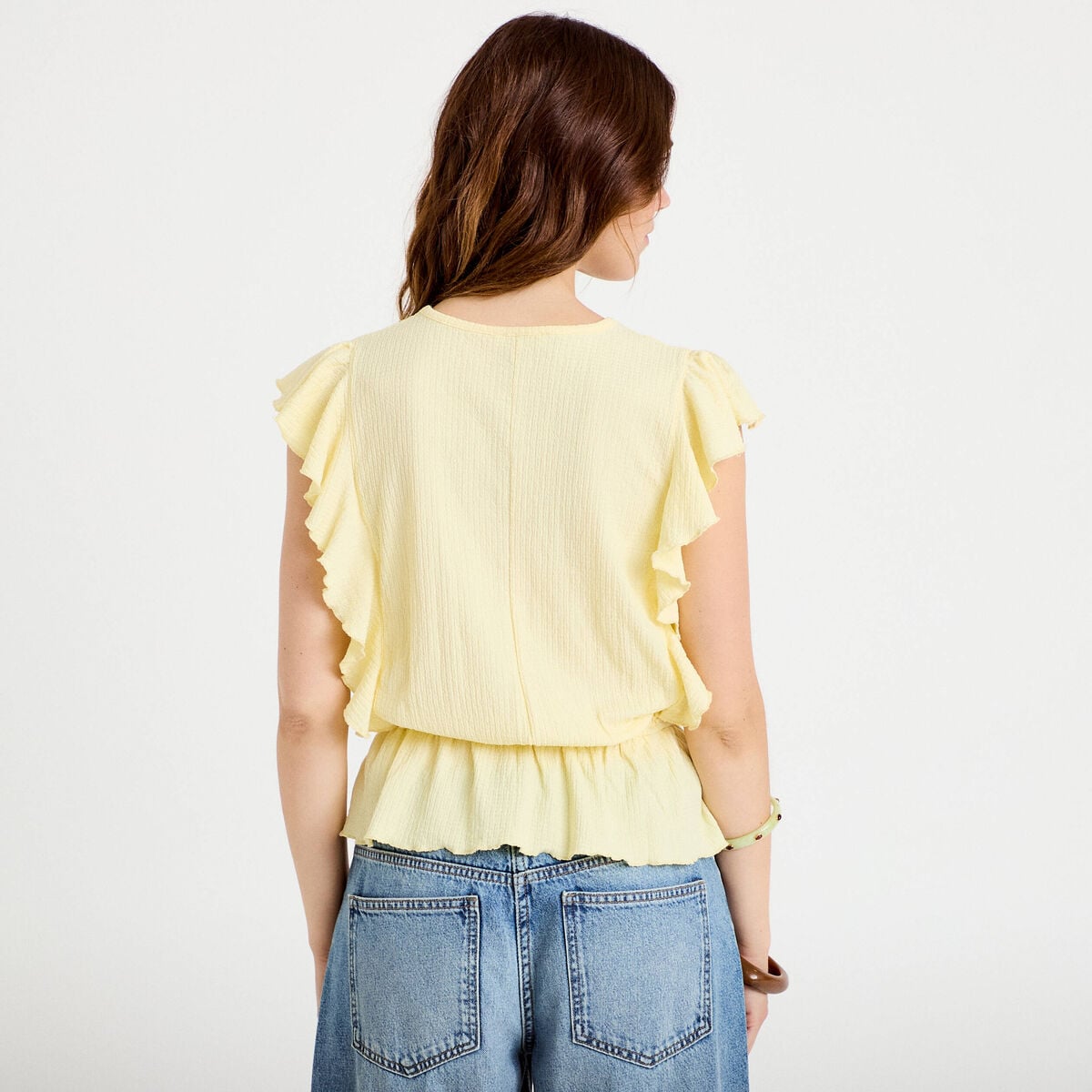 Blouse col rond manches courtes dentelle jaune pastel femme