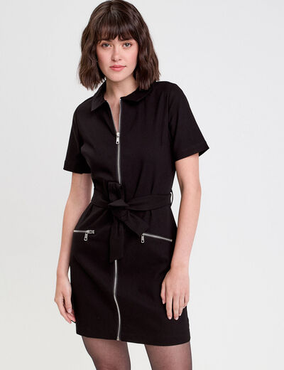 Robe droite zippée ceinturée noir femme