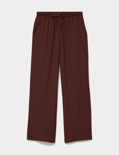 Pantalon large taille haute en cr&ecirc;pe marron femme