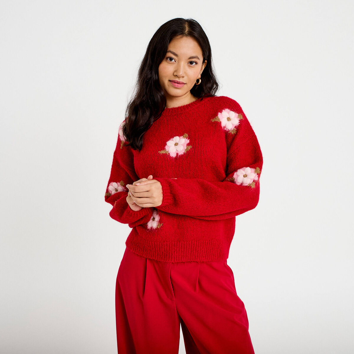 Pull ample col rond manches longues rouge femme