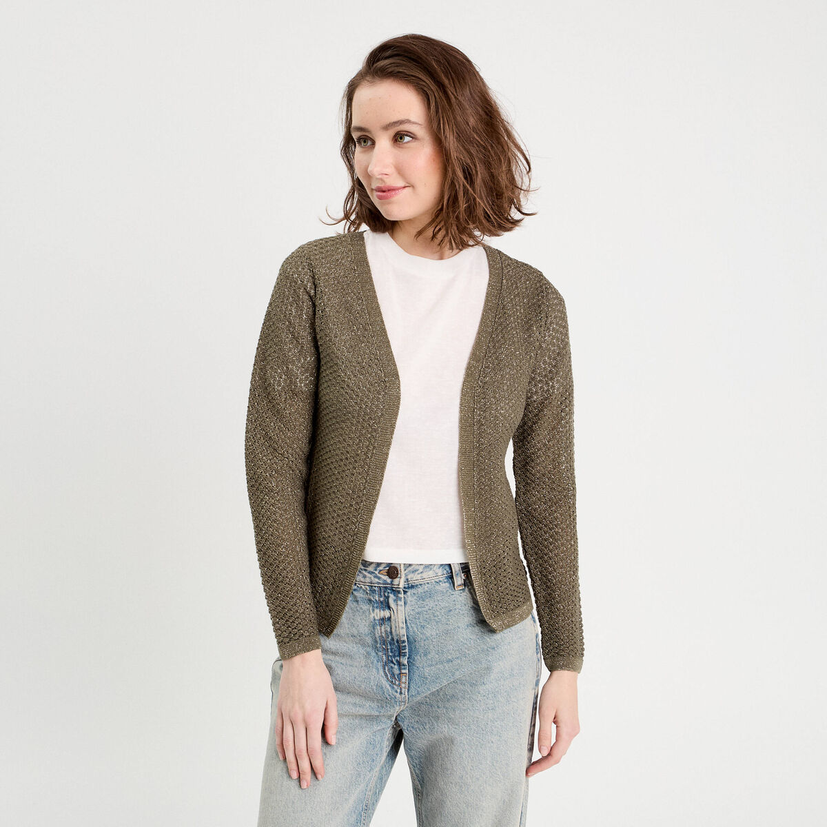 Gilet manches longues ajouré vert kaki femme