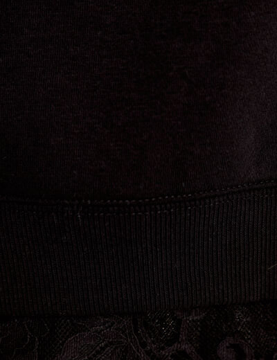Sweat droit col rond d&eacute;tail dentelle noir femme
