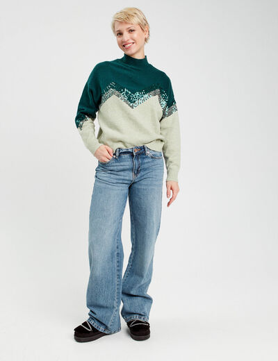 Pull avec sequins vert foncé femme