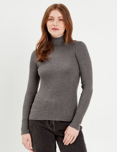Pull col roulé côtelé gris foncé femme