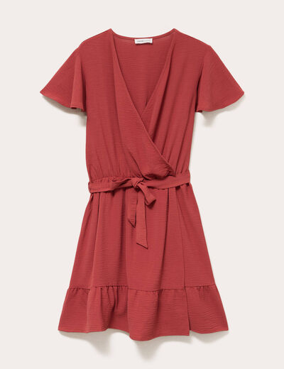 Robe courte &eacute;vas&eacute;e col v manches courtes vieux rose femme