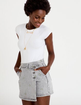 Jupe-short trap&egrave;ze courte taille haute denim gris femme