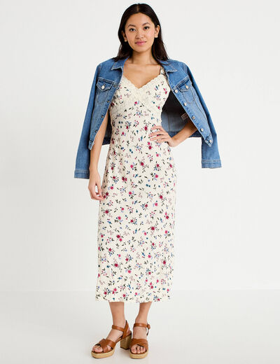 Robe d&eacute;collet&eacute; bretelles aspect dentelle beige clair femme