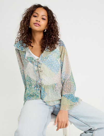 Blouse nouée manches longues bleu pastel femme