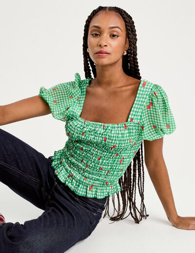 Blouse manches courtes smockée rouge femme