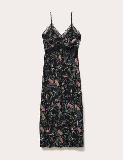 Robe longue droite col v dentelle noir femme