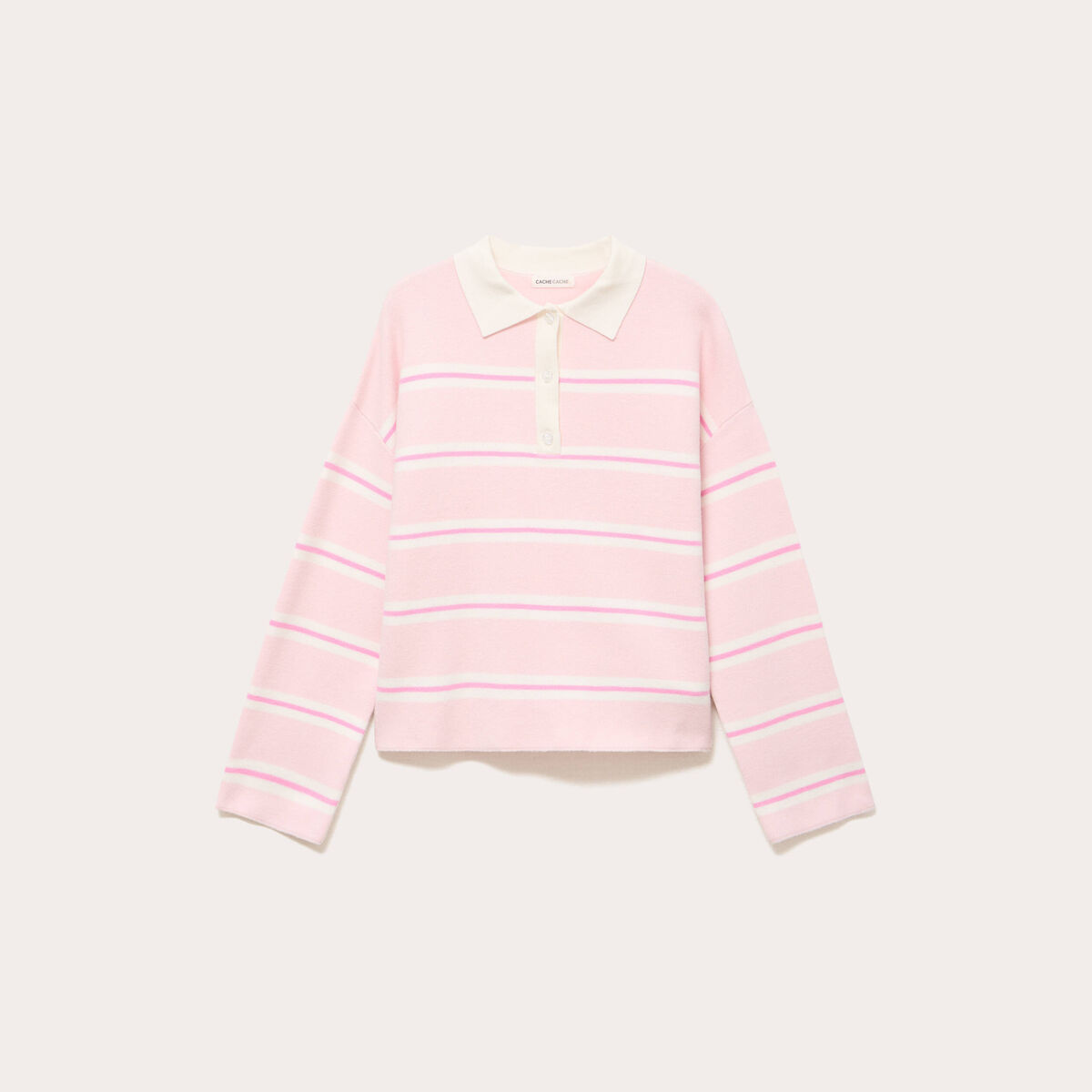 Polo manches longues col chemise rose poudr&eacute;e femme