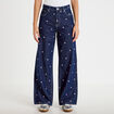 Jean wide leg taille haute brod&eacute; bleu fonc&eacute; femme