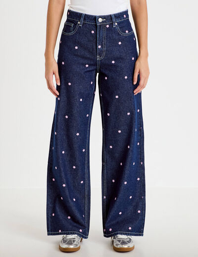Jean wide leg taille haute brod&eacute; bleu fonc&eacute; femme