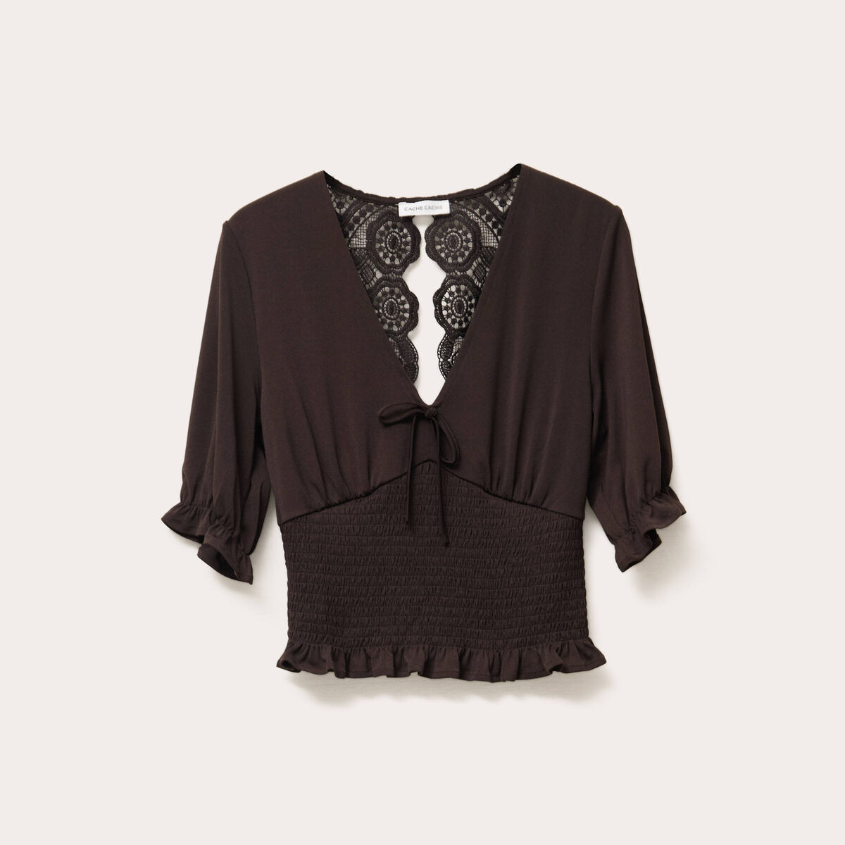 Blouse manches courtes smockée marron foncé femme