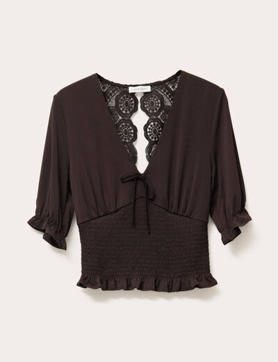 Blouse manches courtes smockée marron foncé femme