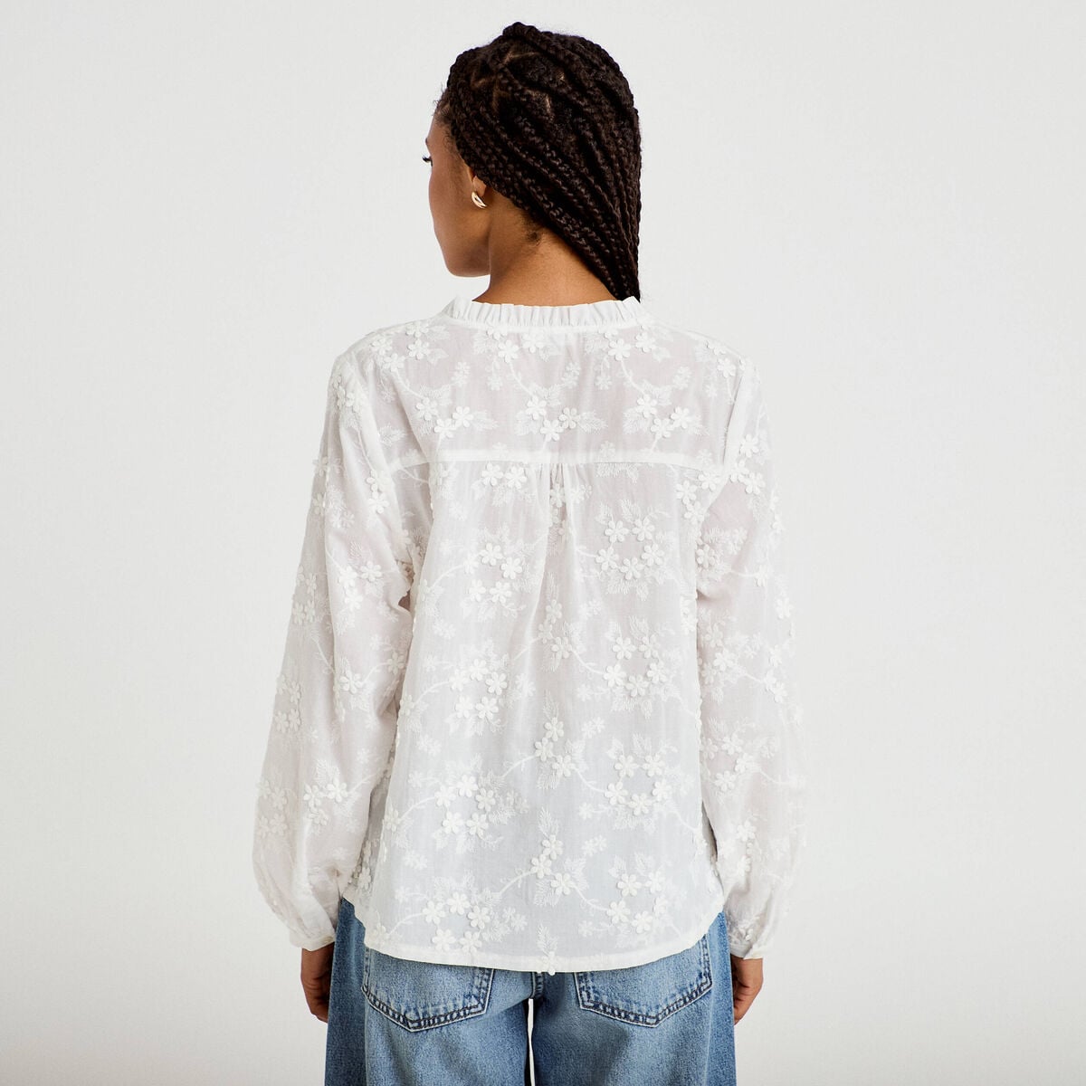Blouse droite col rond manches longues ecru femme
