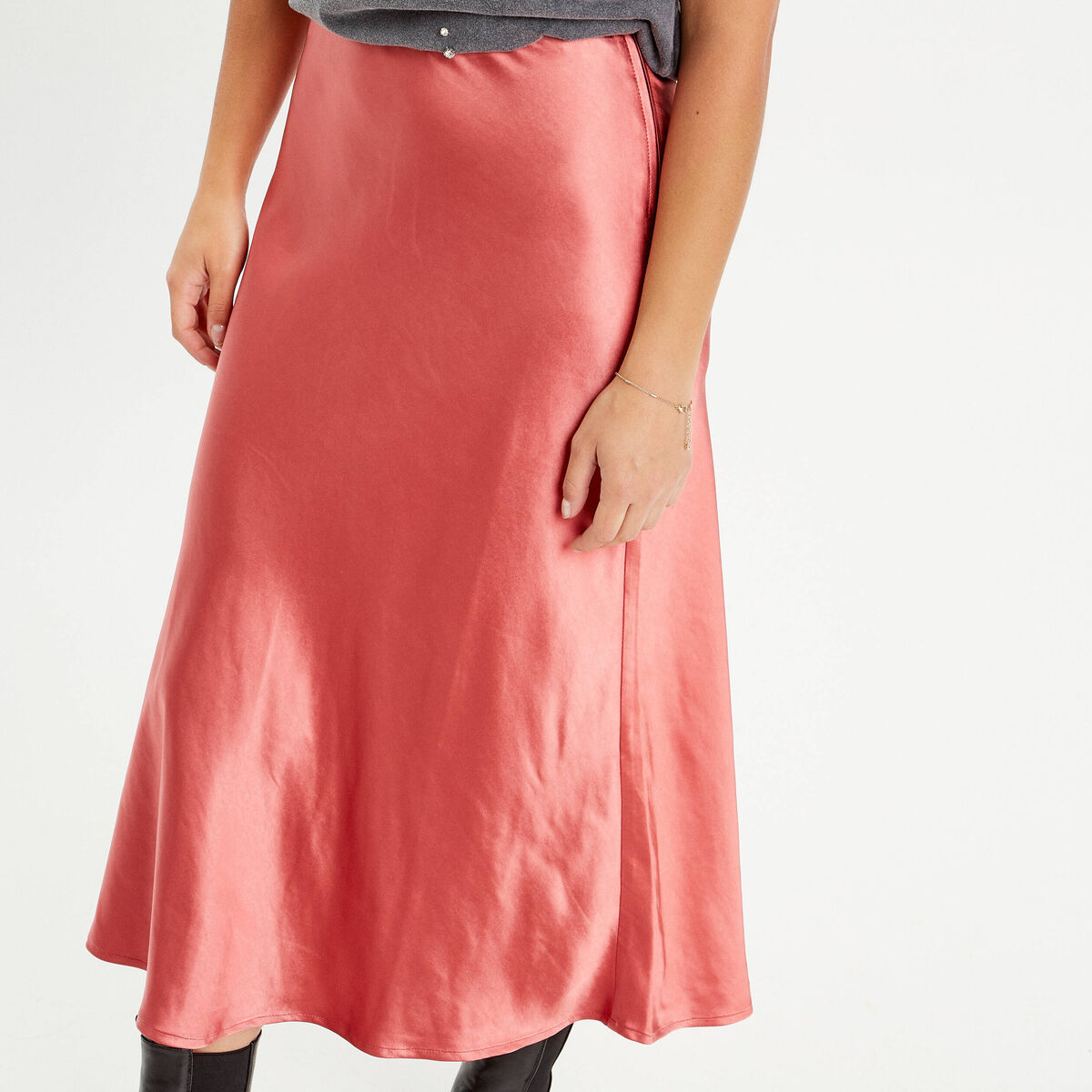 Jupe midi évasée satin rose pastel femme