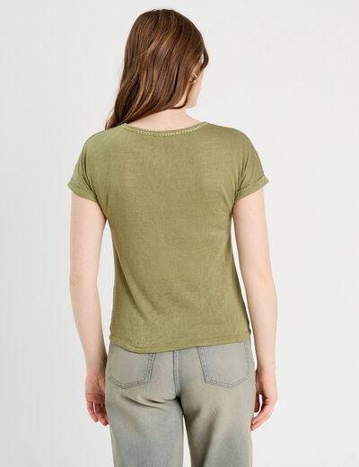 T-shirt détail noeud vert kaki femme