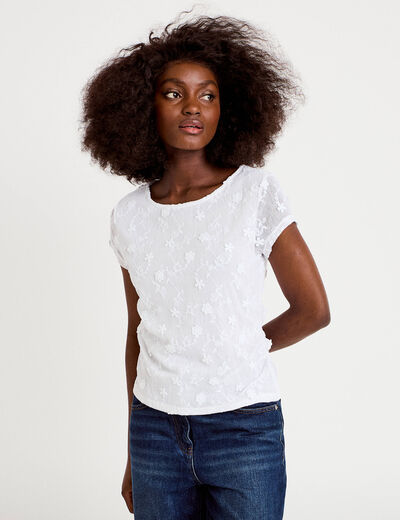 T-shirt ajust&eacute; col rond dentelle blanc femme