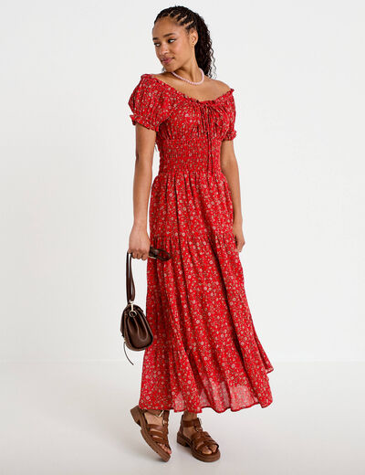 Robe longue &eacute;vas&eacute;e col carr&eacute; rouge femme