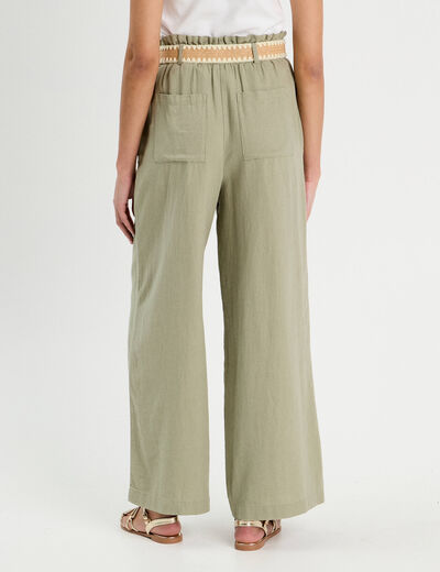 Pantalon large ceinturé contenant du lin vert kaki femme