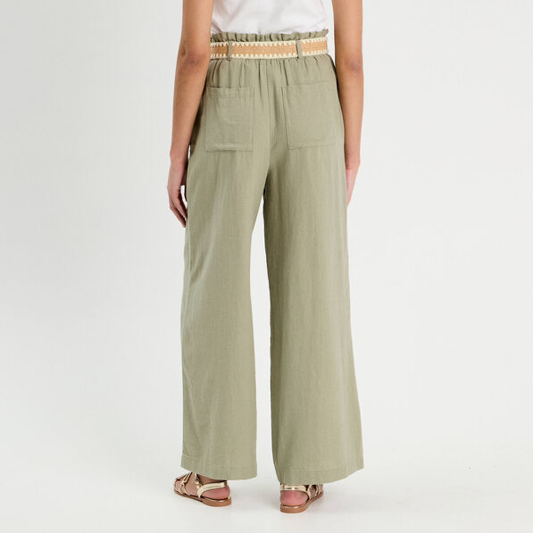 pantalon large ceinture contenant du lin vert kaki femme Pantalon large ceinturé contenant du lin vert kaki femme