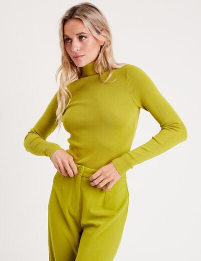 Pull côtelé col roulé vert olive femme