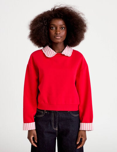 Sweat col chemise manches longues rouge femme
