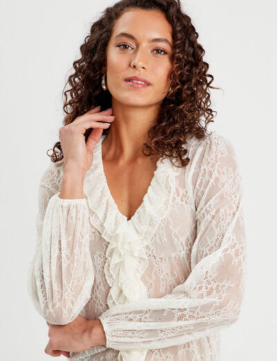 Blouse dentelle paillettes ecru femme